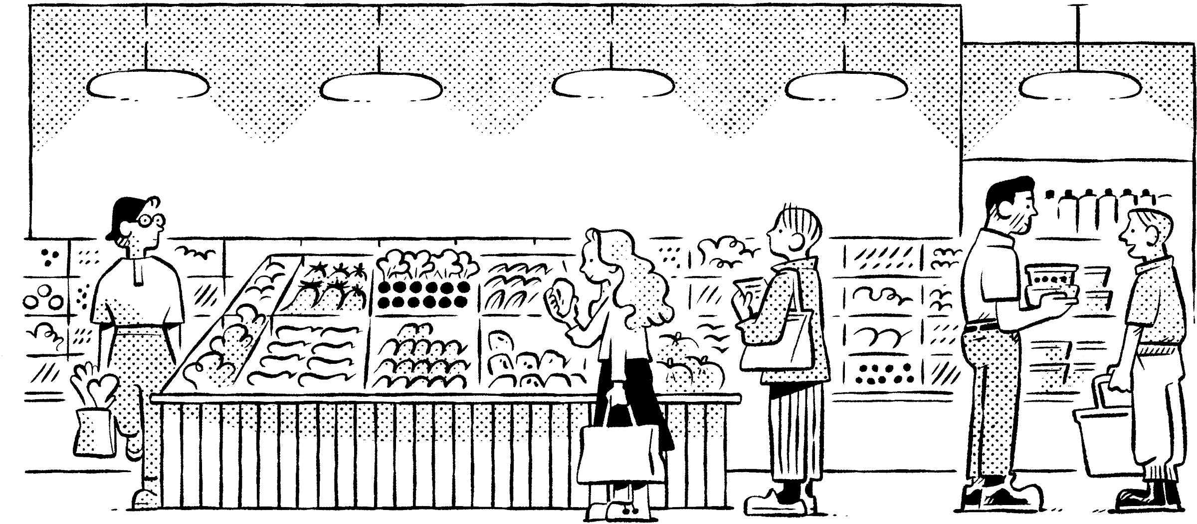 Illustration of local grocery shopping in the Rego Park, Queens neighborhood near CORE's luxury apartments in Rego Park.